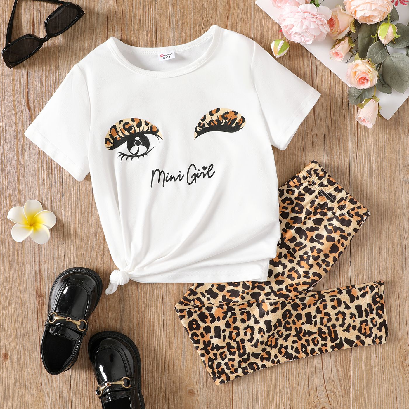 2pcs Kid Girl Face Graphic Short-sleeve Tee and Leopard Print Leggings Set