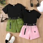 2pcs Kid Girl Short-sleeve Tee and Pocket Design Belted Shorts Set  image 2