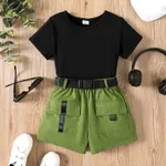 2pcs Kid Girl Short-sleeve Tee and Pocket Design Belted Shorts Set Green
