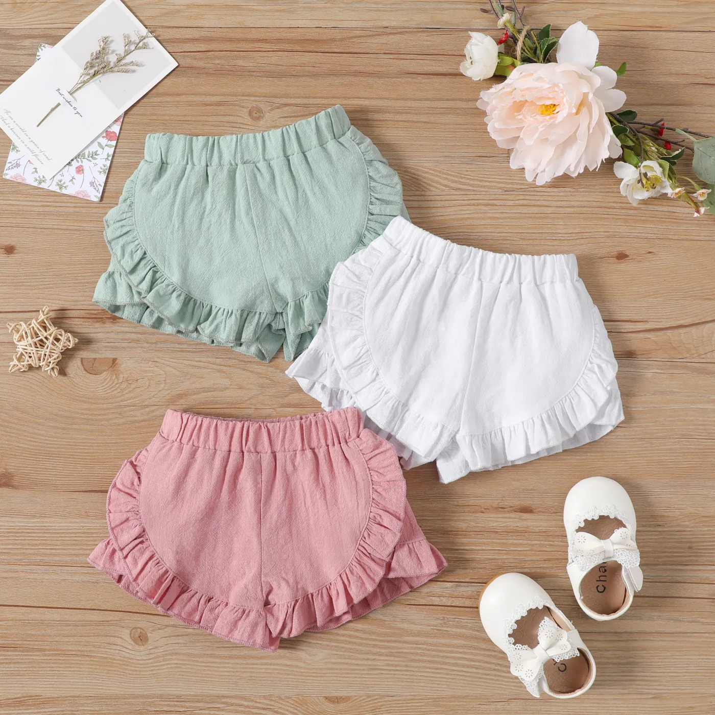 Baby Girl 100% Cotton Solid Ruffle Trim Shorts