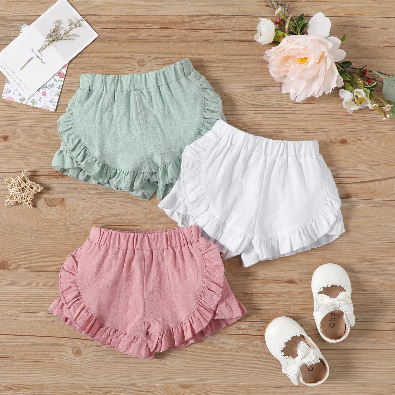 Baby Girl 100% Cotton Solid Ruffle Trim Shorts Pale Green big image 1