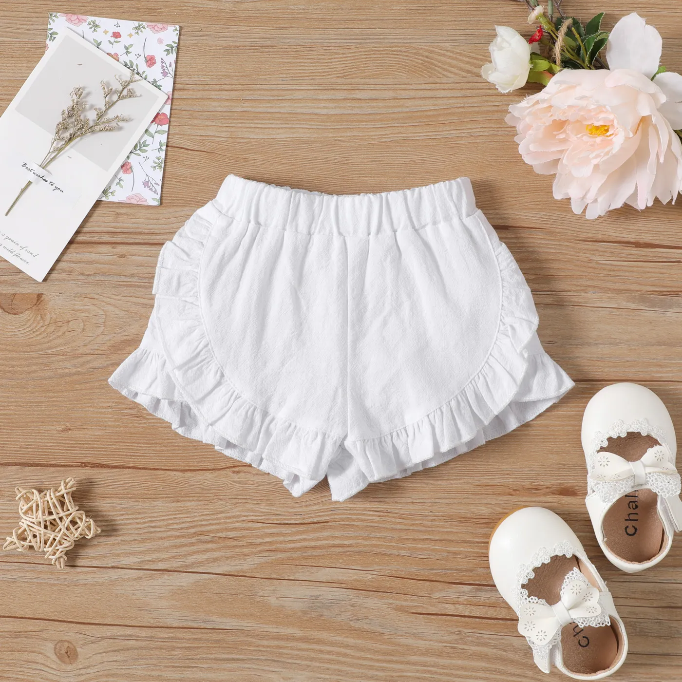 Father's Day Baby Boy/Girl Letter & Number Print Short-sleeve Bodysuit / 100% Cotton Solid Ruffled Shorts / Solid Elasticized Waist Shorts White