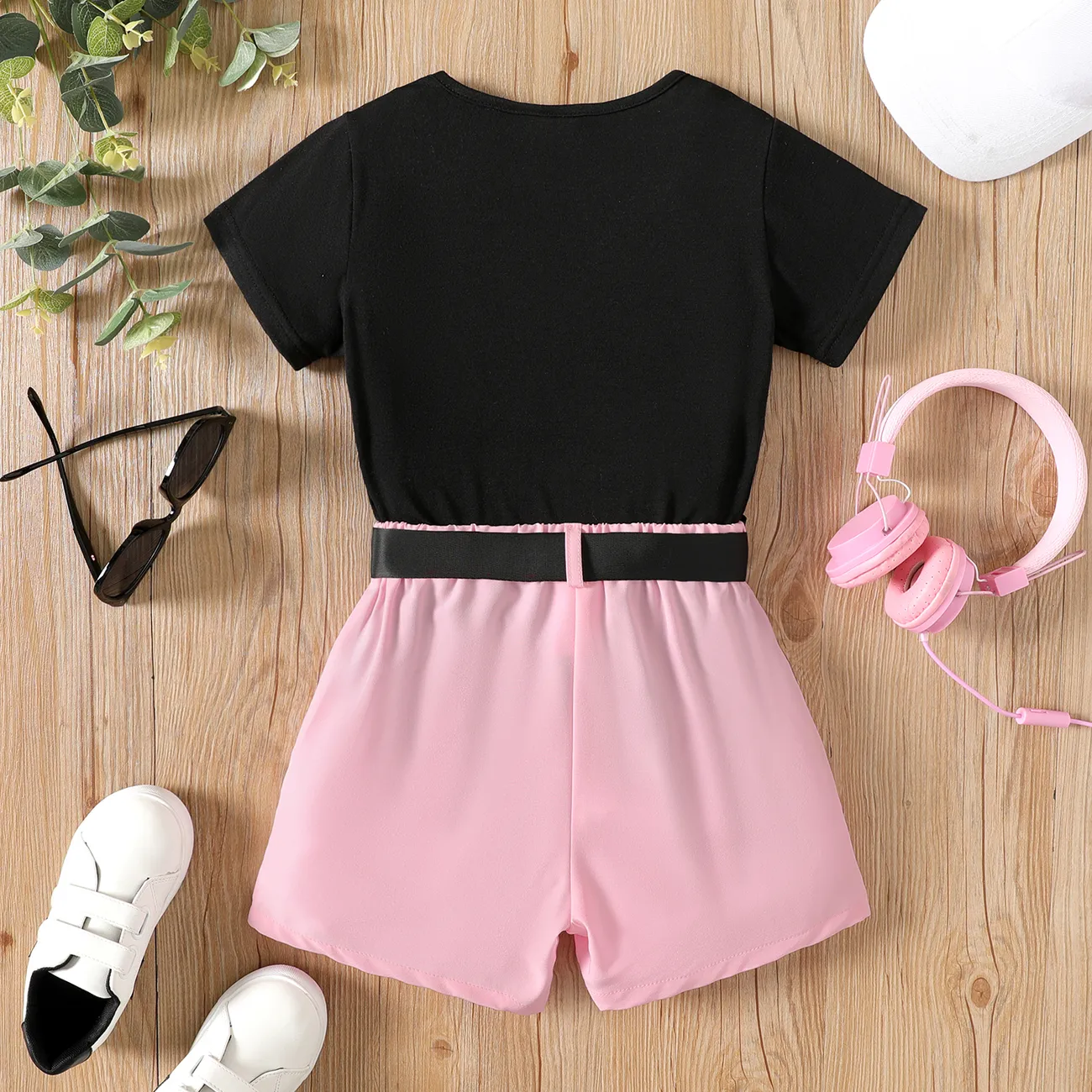 2pcs Kid Girl Short-sleeve Tee and Pocket Design Belted Shorts Set Pink big image 1