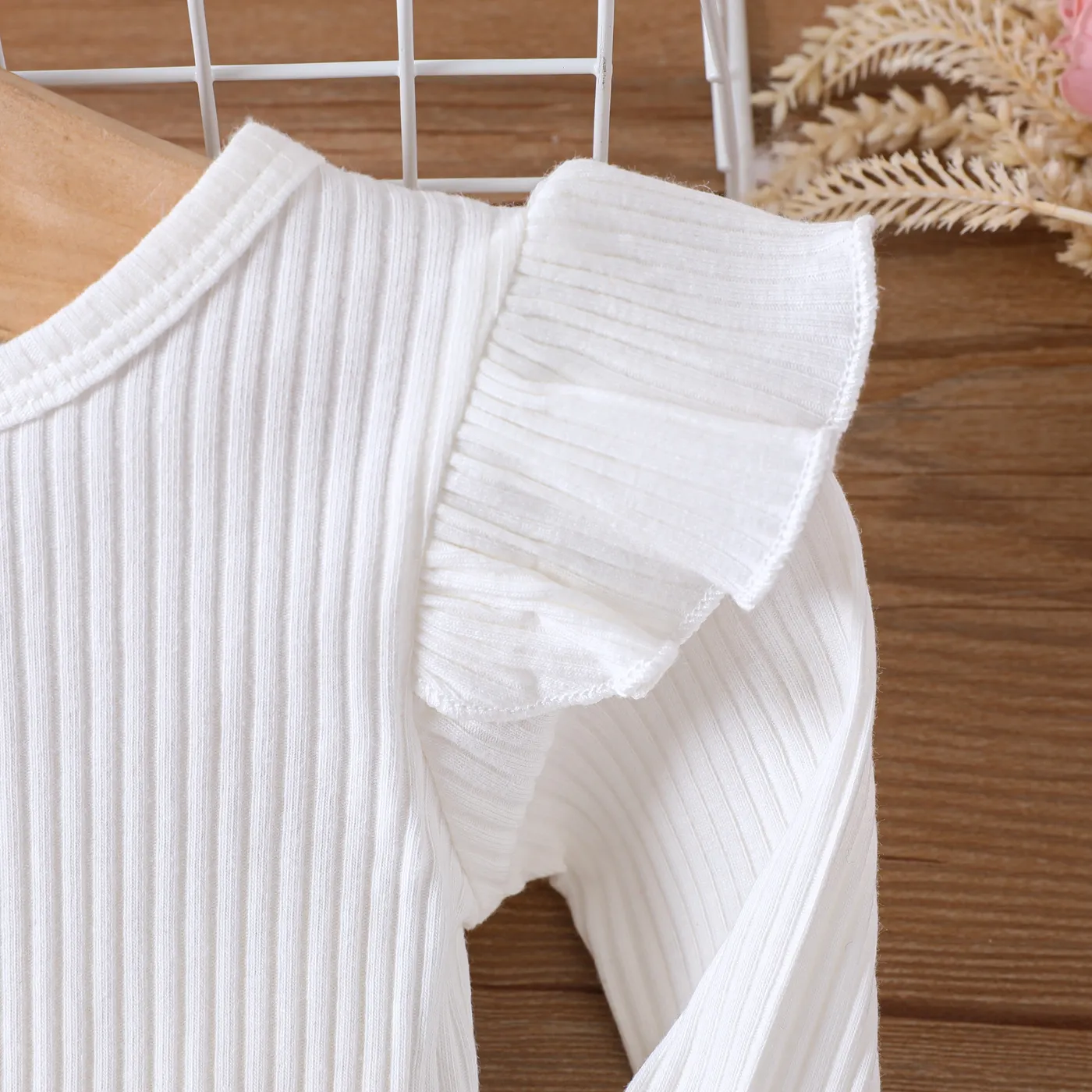 3pcs Baby Girl 95% Cotton Ribbed Ruffle Long-sleeve Top and Bow Front Skirt & Headband Set Pink image 4