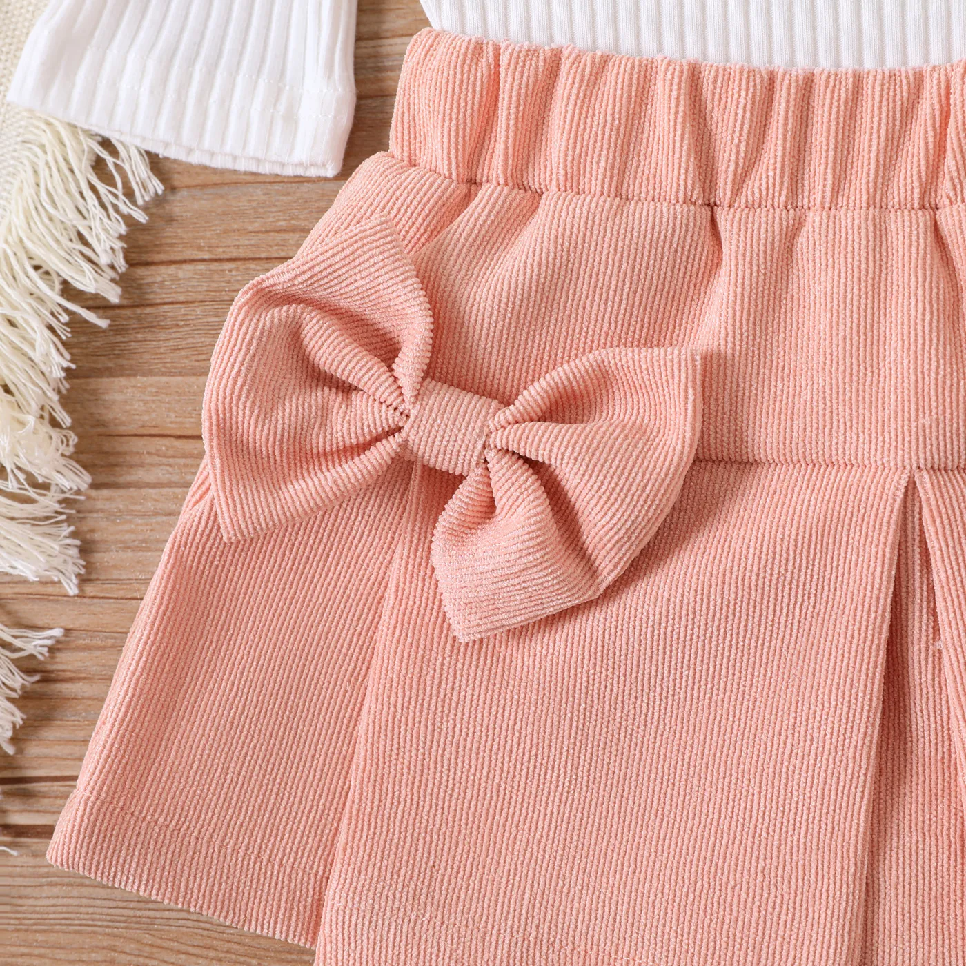 3pcs Baby Girl 95% Cotton Ribbed Ruffle Long-sleeve Top and Bow Front Skirt & Headband Set Pink image 5