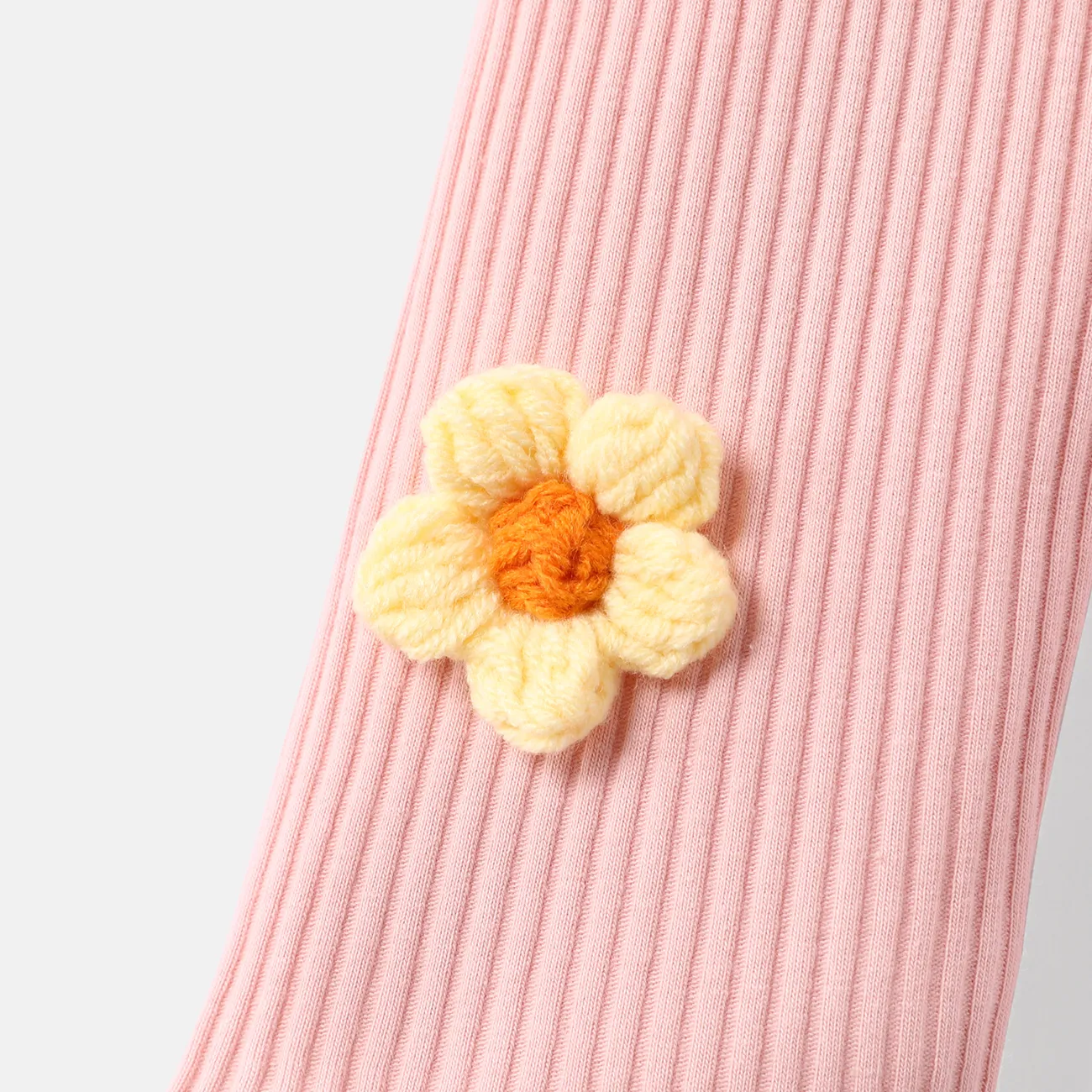 Baby Girl Knit Flower Detail Solid Cotton Ribbed Leggings Pink big image 1