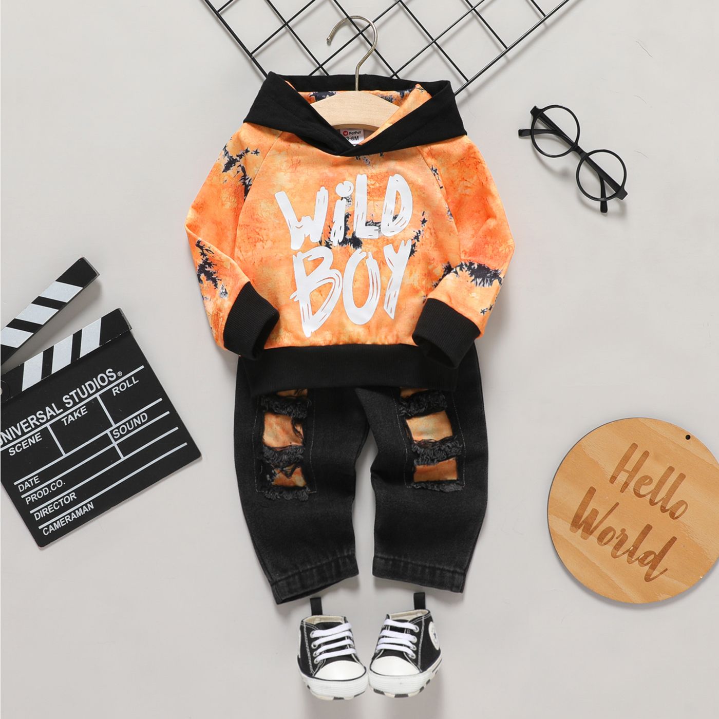 

2pcs Baby Boy Letter Print Tie Dye Long-sleeve Hoodie and Ripped Jeans Set