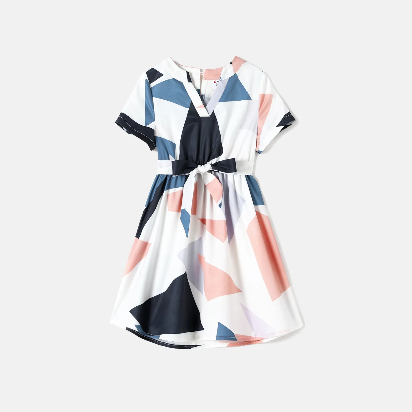 Family Matching Cotton Short-sleeve Colorblock T-shirts and Geo Print Belted Naia Dresses Sets  big image 9