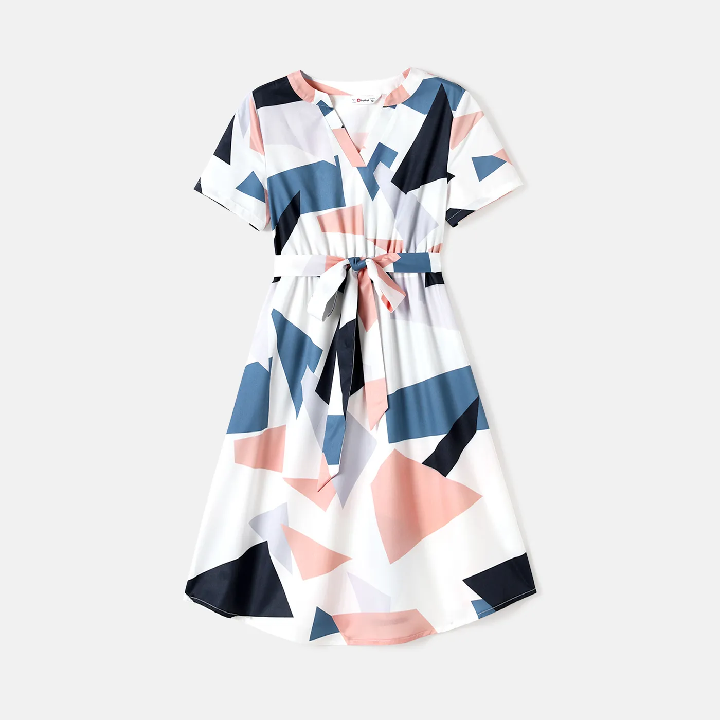 Family Matching Cotton Short-sleeve Colorblock T-shirts and Geo Print Belted Naia Dresses Sets  big image 13