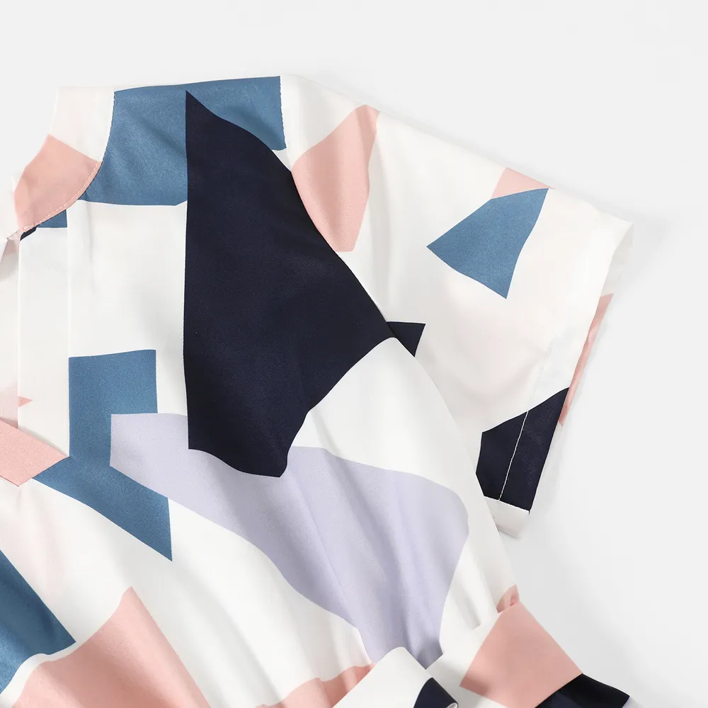 Family Matching Cotton Short-sleeve Colorblock T-shirts and Geo Print Belted Naia Dresses Sets big image 14