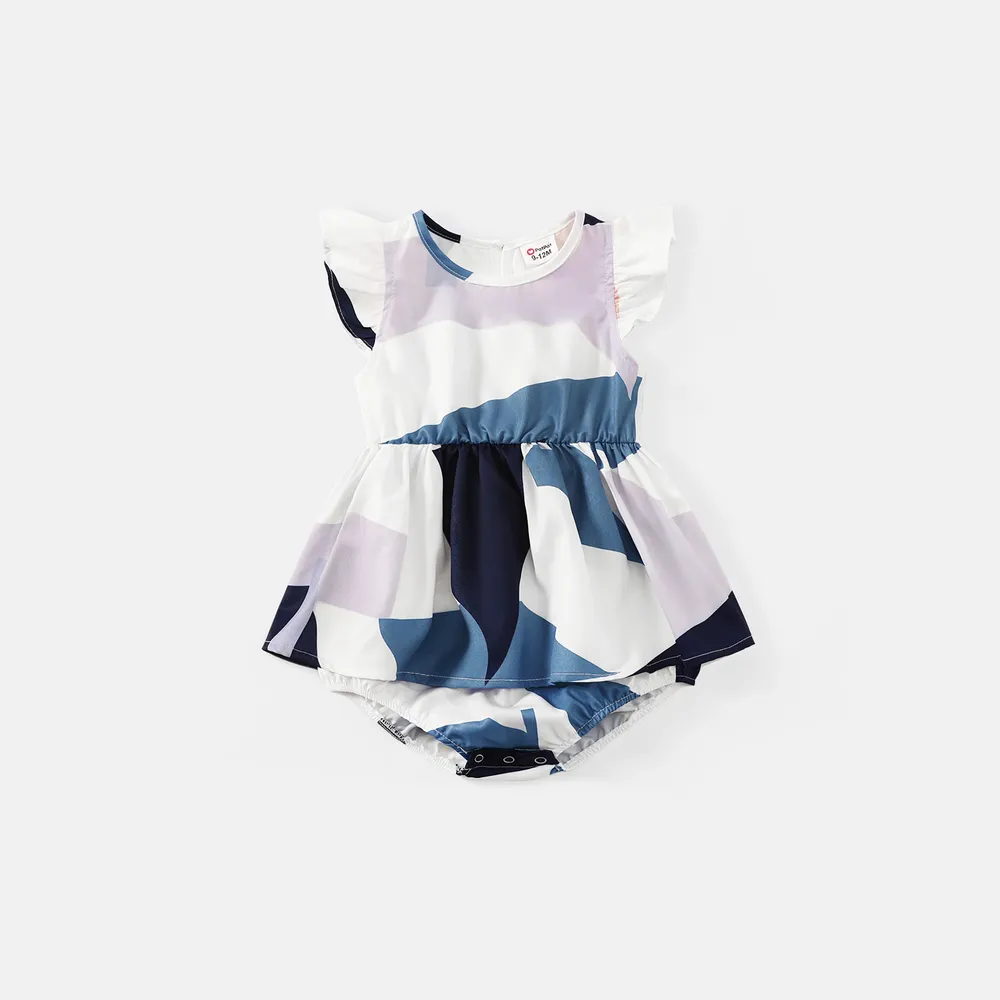 Family Matching Cotton Short-sleeve Colorblock T-shirts and Geo Print Belted Naia Dresses Sets  big image 1