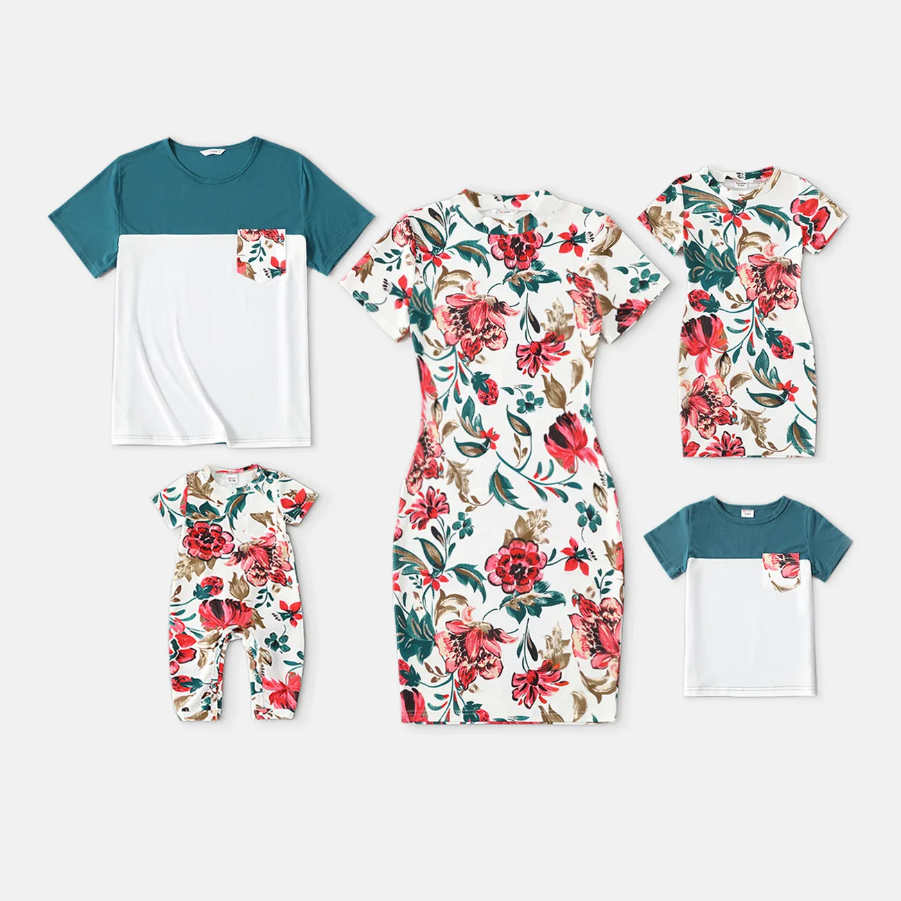 Family Matching 95% Cotton Colorblock T-shirts and Allover Floral Print Short-sleeve Bodycon Dresses Sets Colorful big image 1