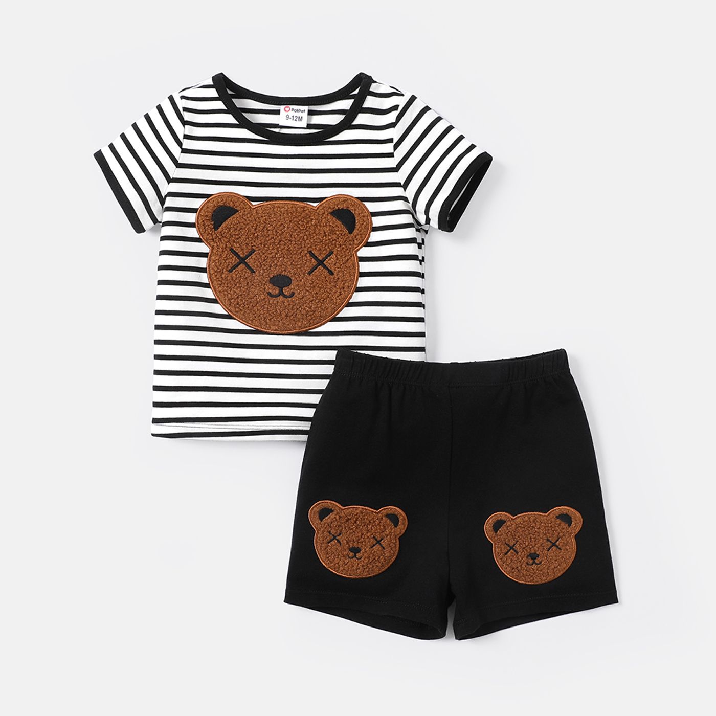 

2pcs Baby Boy 95% Cotton Short-sleeve Bear Embroidered Striped Tee and Solid Shorts Set