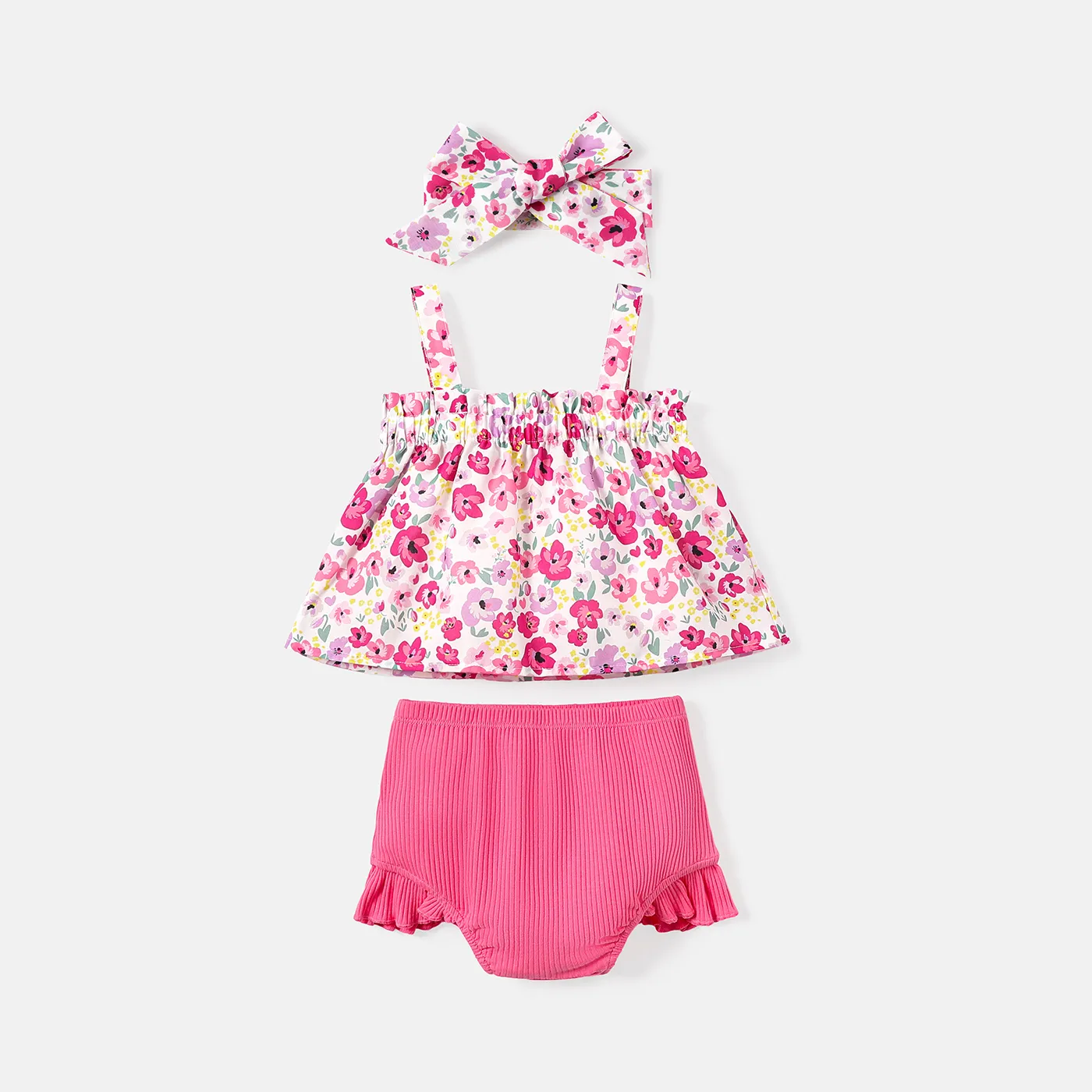 

3pcs Baby Girl Floral Print Smocked Camisole and Ruffled Cotton Shorts & Headband Set