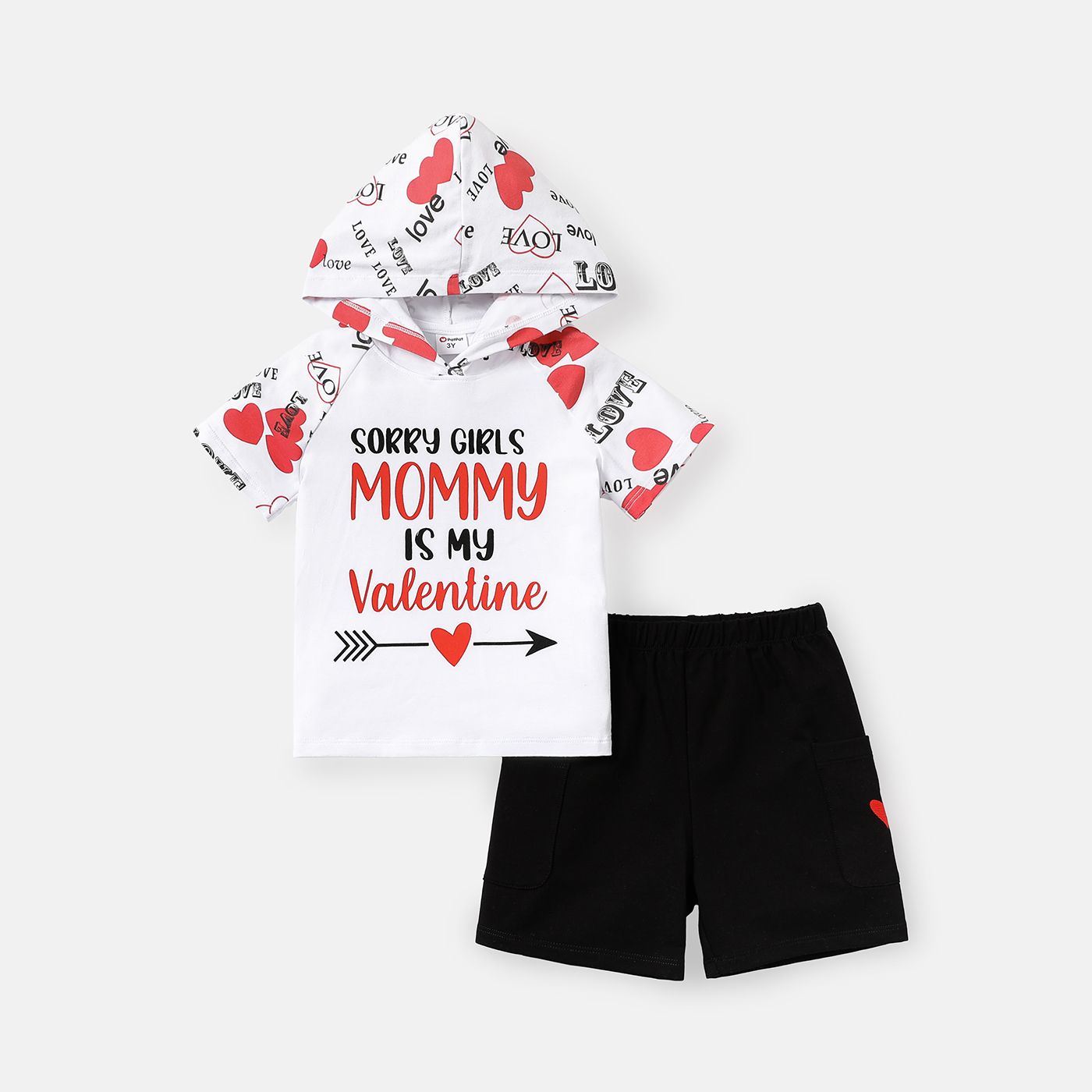 

2pcs Toddler Boy Valentine's Day Cotton Heart Print Hooded Tee and Elasticized Shorts Set