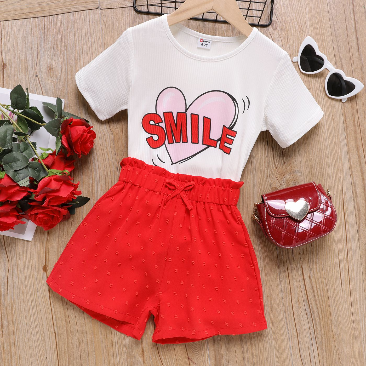 

2pcs Kid Girl Letter Print Short-sleeve Tee and Swiss Dot Shorts Set