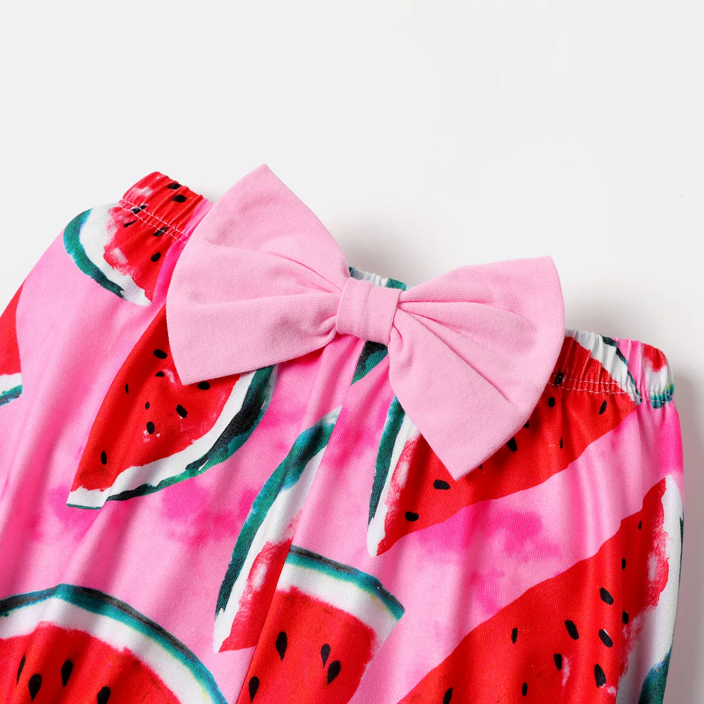 3pcs Baby Girl Cotton Flutter-sleeve Watermelon Print Romper and Bow Front Shorts & Headband Set  image 3