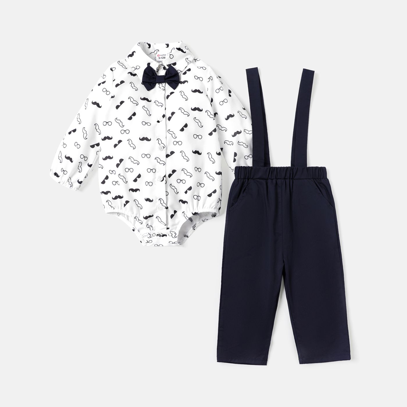 2pcs Baby Boy 100% Cotton Solid Suspender Pants and Long-sleeve Allover Glasses & Mustache Print Bow Tie Romper Set