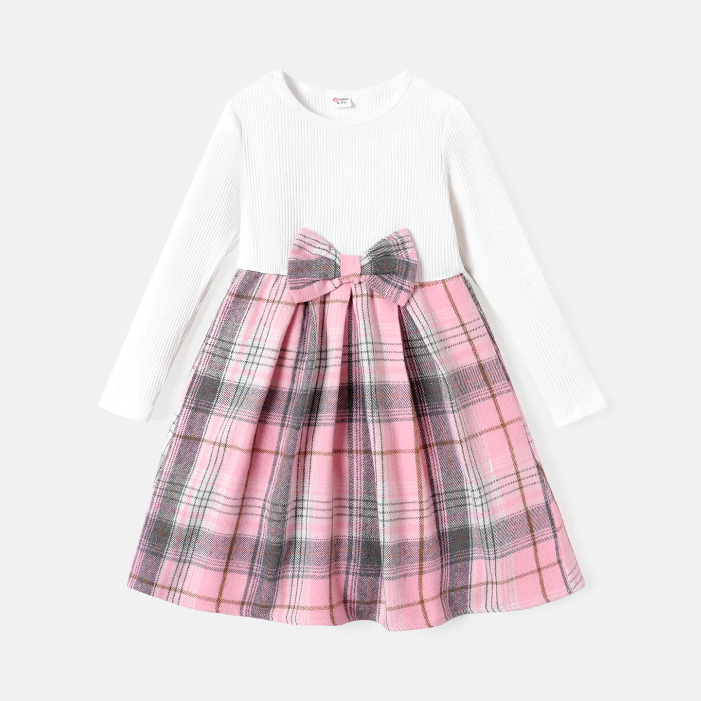 Kid Girl 3D Bowknot Design Pleated Plaid Splice Long-sleeve Dress  big image 1