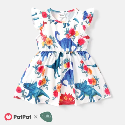 Baby Girl Floral Dinosaur Print Flutter-sleeve Naia™ Dress