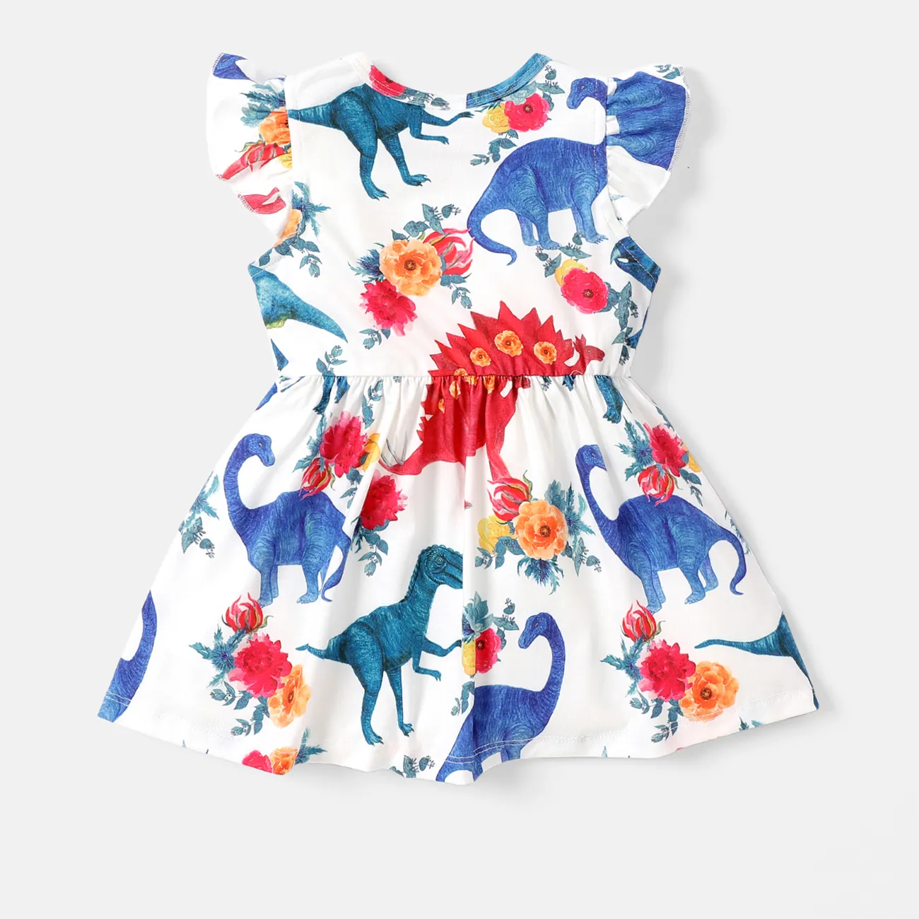 Baby Girl Floral Dinosaur Print Flutter-sleeve Naia™ Dress White big image 1