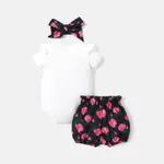 3pcs Baby Girl Cotton Ruffle Short-sleeve Cat Print Romper and Floral Print Bloomer Shorts & Headband Set  image 2