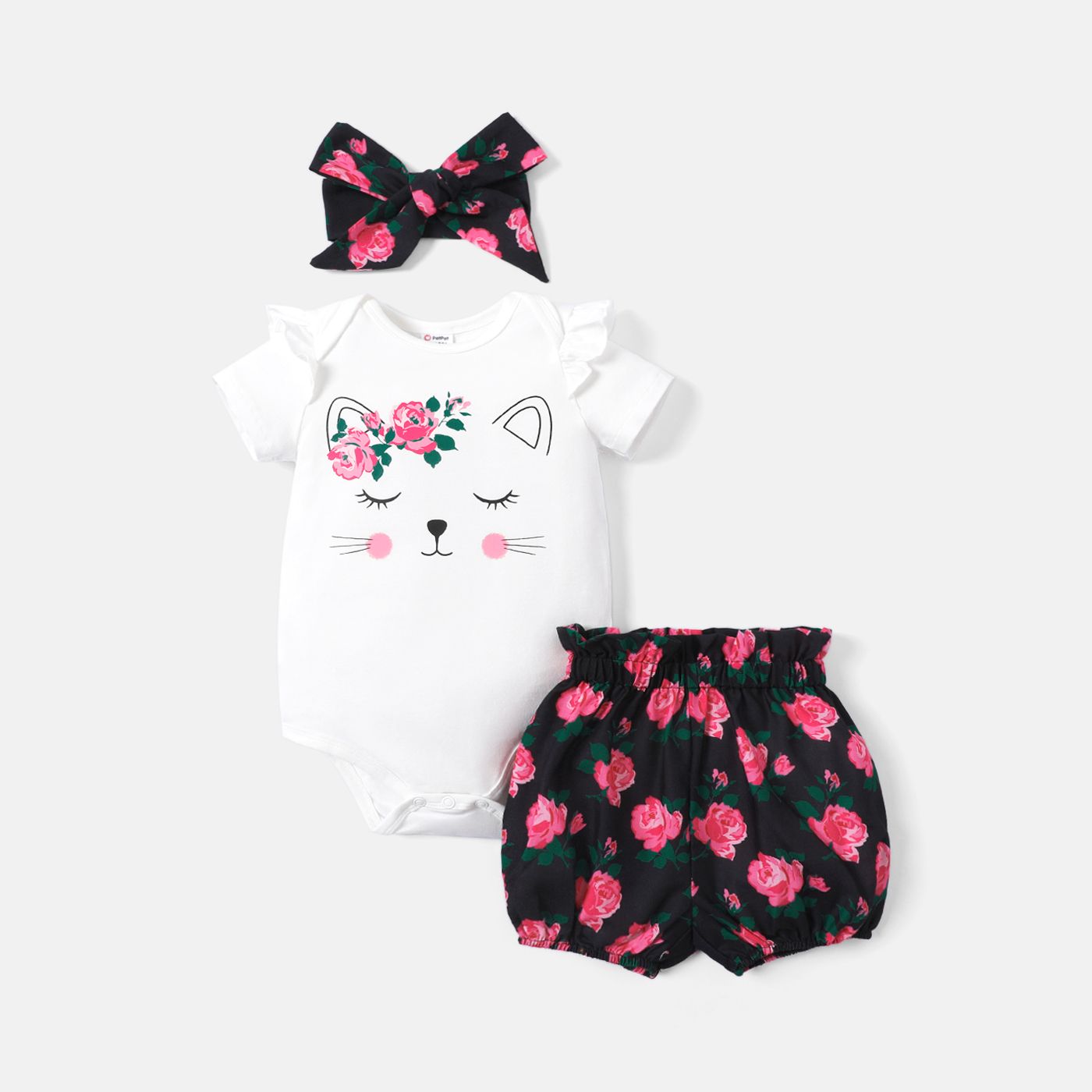 3pcs Baby Girl Cotton Ruffle Short-sleeve Cat Print Romper and Floral Print Bloomer Shorts & Headban