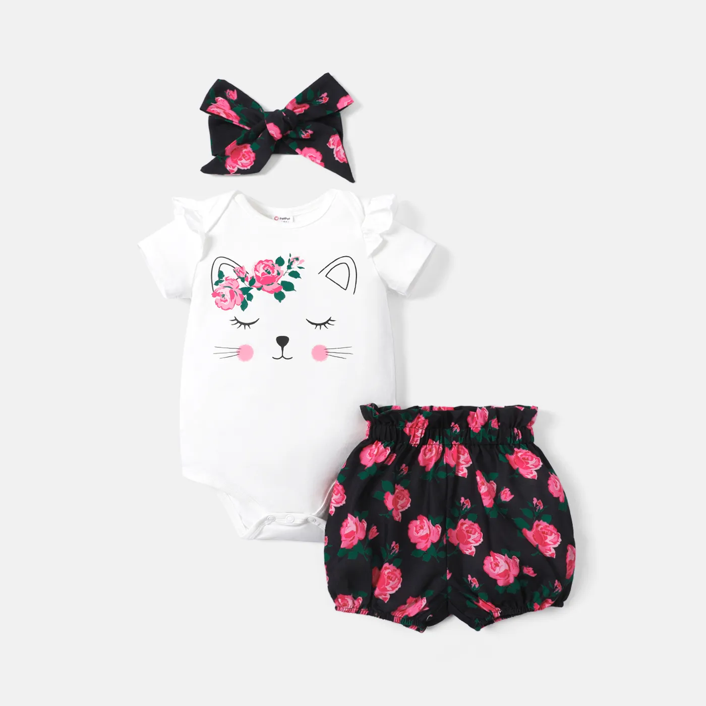 3pcs Baby Girl Cotton Ruffle Short-sleeve Cat Print Romper and Floral Print Bloomer Shorts & Headband Set  big image 1