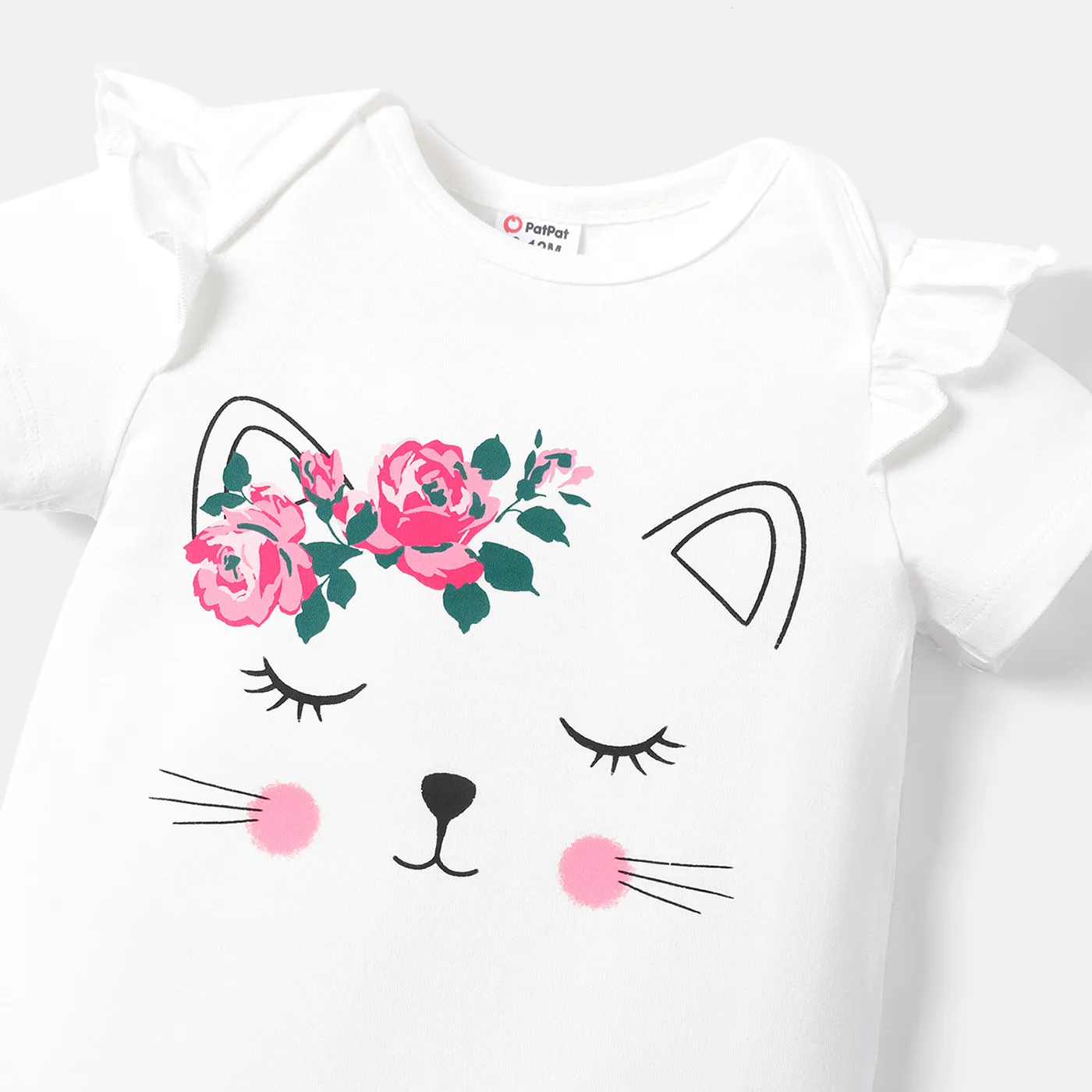 3pcs Baby Girl Cotton Ruffle Short-sleeve Cat Print Romper and Floral Print Bloomer Shorts & Headband Set  image 3
