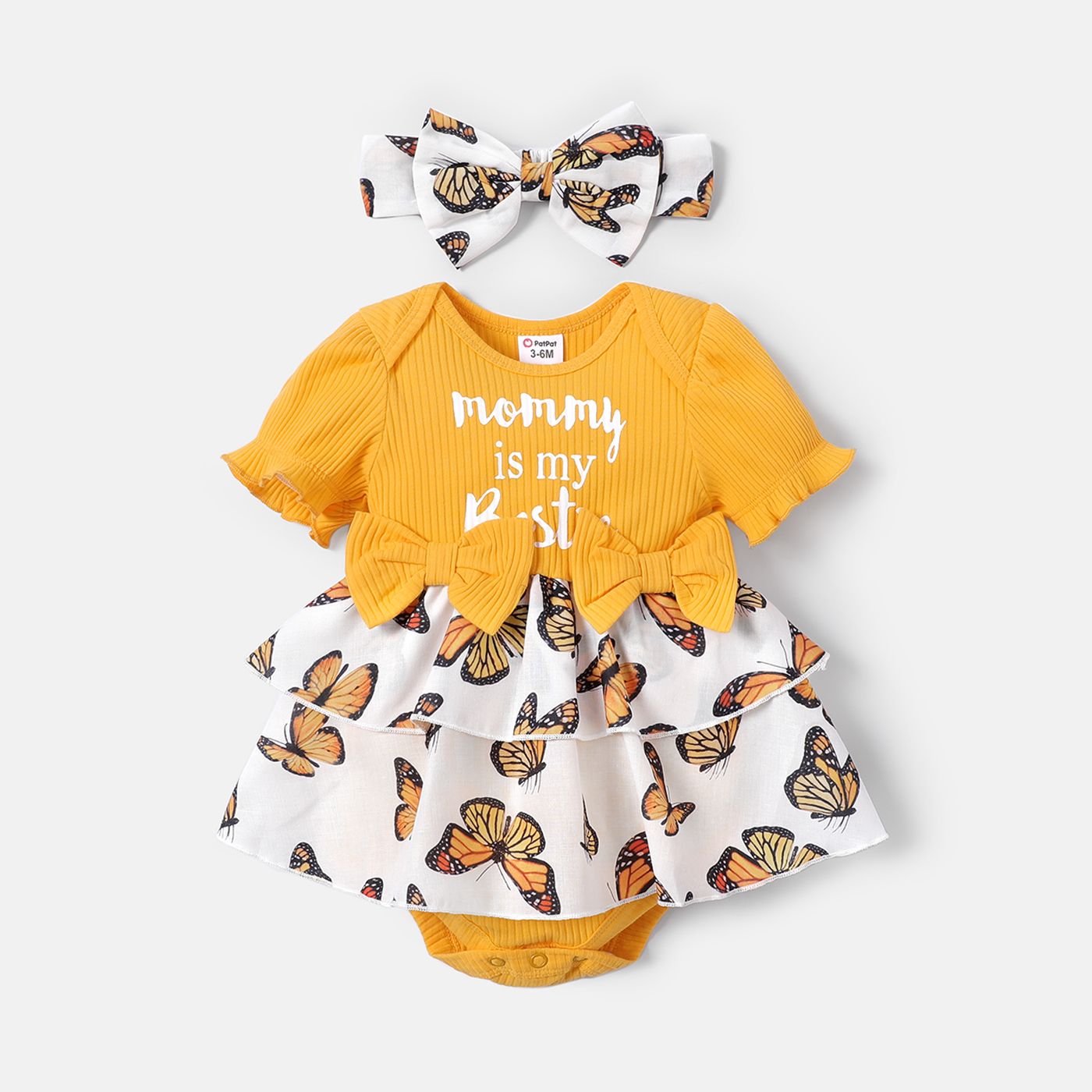 

2pcs Baby Girl Letter Print Cotton Ribbed Puff-sleeve Spliced Butterfly Print Layered Romper & Headband Set