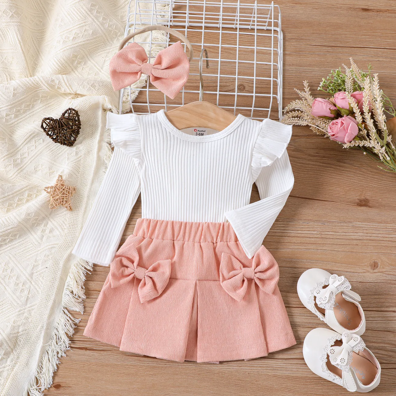3pcs Baby Girl 95% Cotton Ribbed Ruffle Long-sleeve Top and Bow Front Skirt & Headband Set Pink big image 1