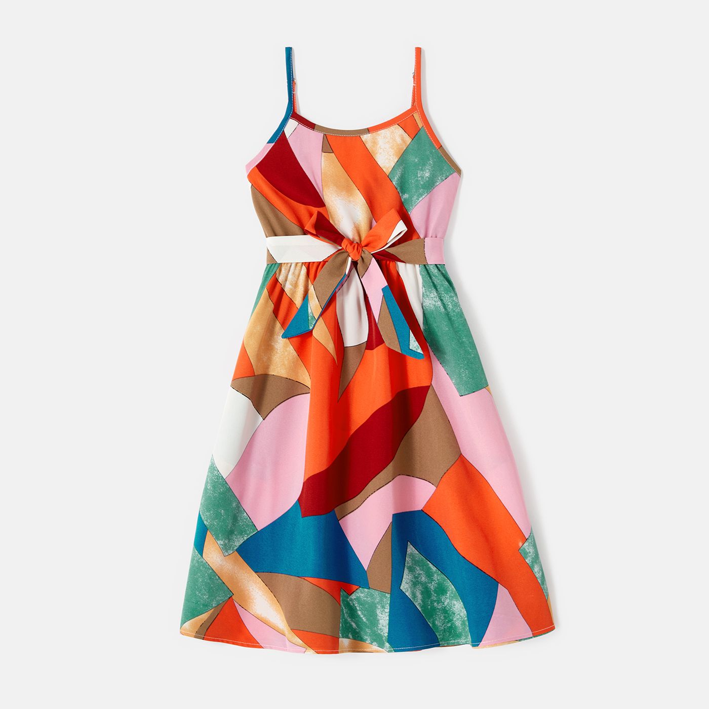 Family Matching Allover Geo Print Belted Cami Dresses And Short-sleeve Spliced T-shirts Sets