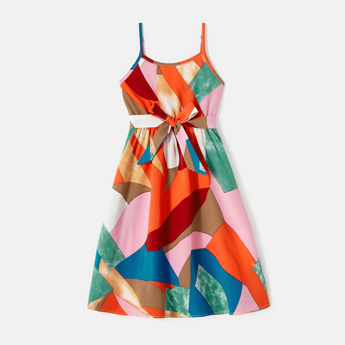 Family Matching Allover Geo Print Belted Cami Dresses and Short-sleeve Spliced T-shirts Sets  big image 11