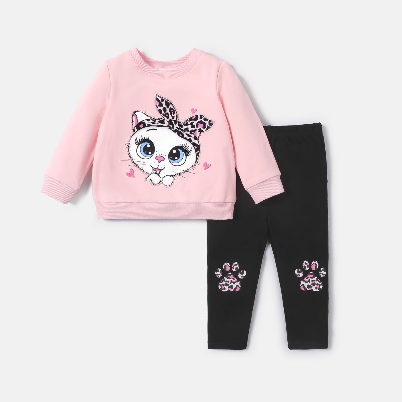 2pcs Baby Girl Cat Embroidered Long-sleeve Sweatshirt And Pants Set