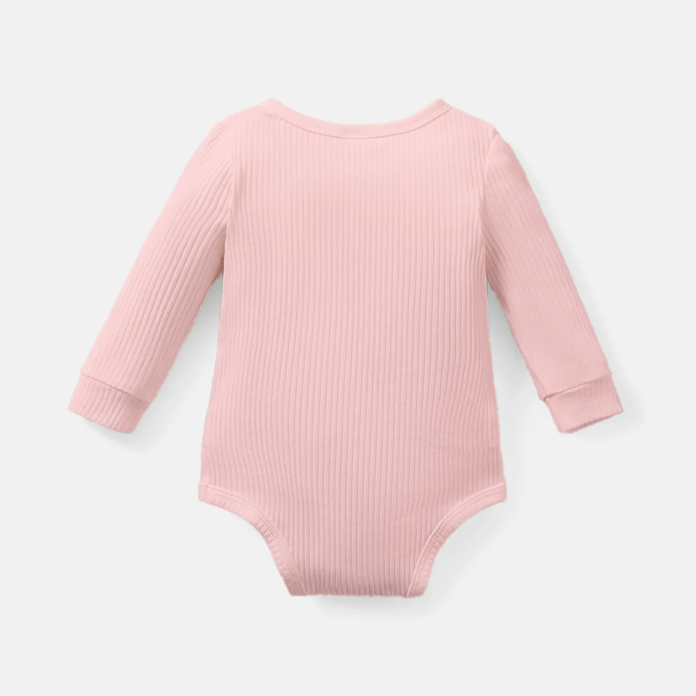 Baby Girl/Boy Cotton Button Design Solid Color Ribbed Long-sleeve Rompers Pink image 4