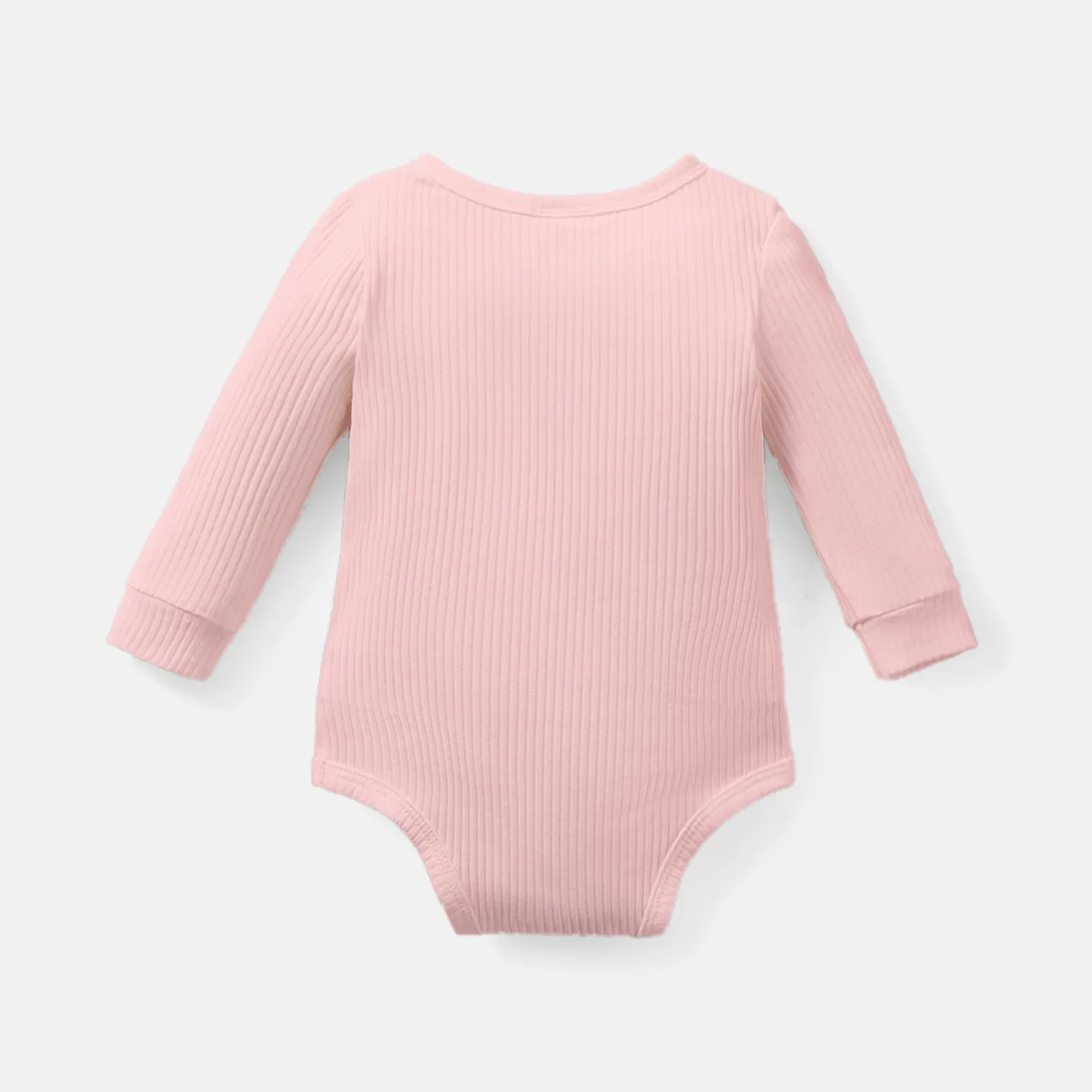 Baby Girl/Boy Cotton Button Design Solid Color Ribbed Long-sleeve Rompers Pink big image 1