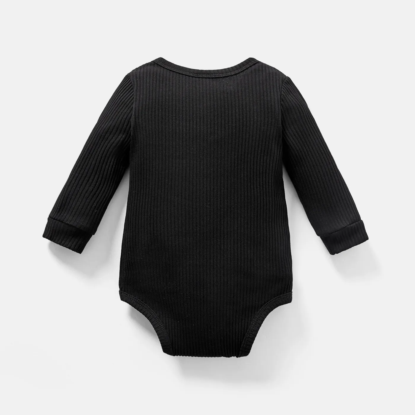 Baby Girl/Boy Cotton Button Design Ribbed Long-sleeve Rompers/ Elasticized Pants Black image 3