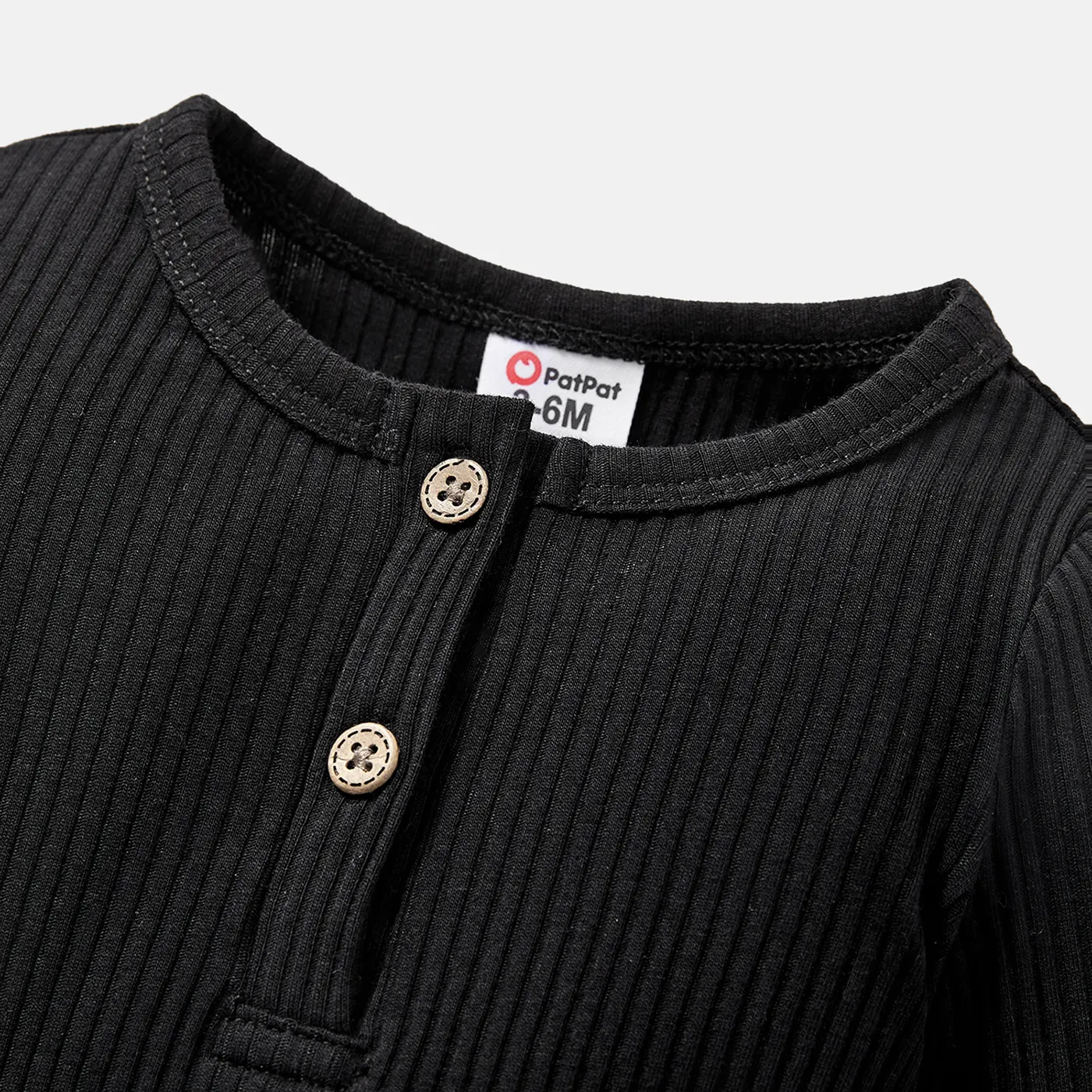 Baby Girl/Boy Cotton Button Design Ribbed Long-sleeve Rompers/ Elasticized Pants Black image 4