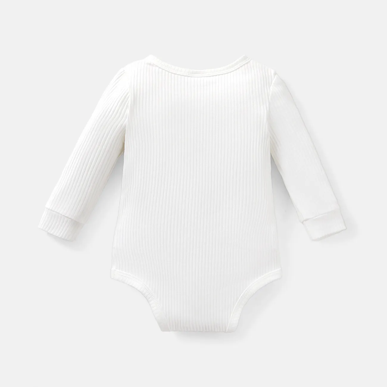 macacão de manga comprida com design de botão de algodão para bebê menina/menino cor lisa Branco big image 1