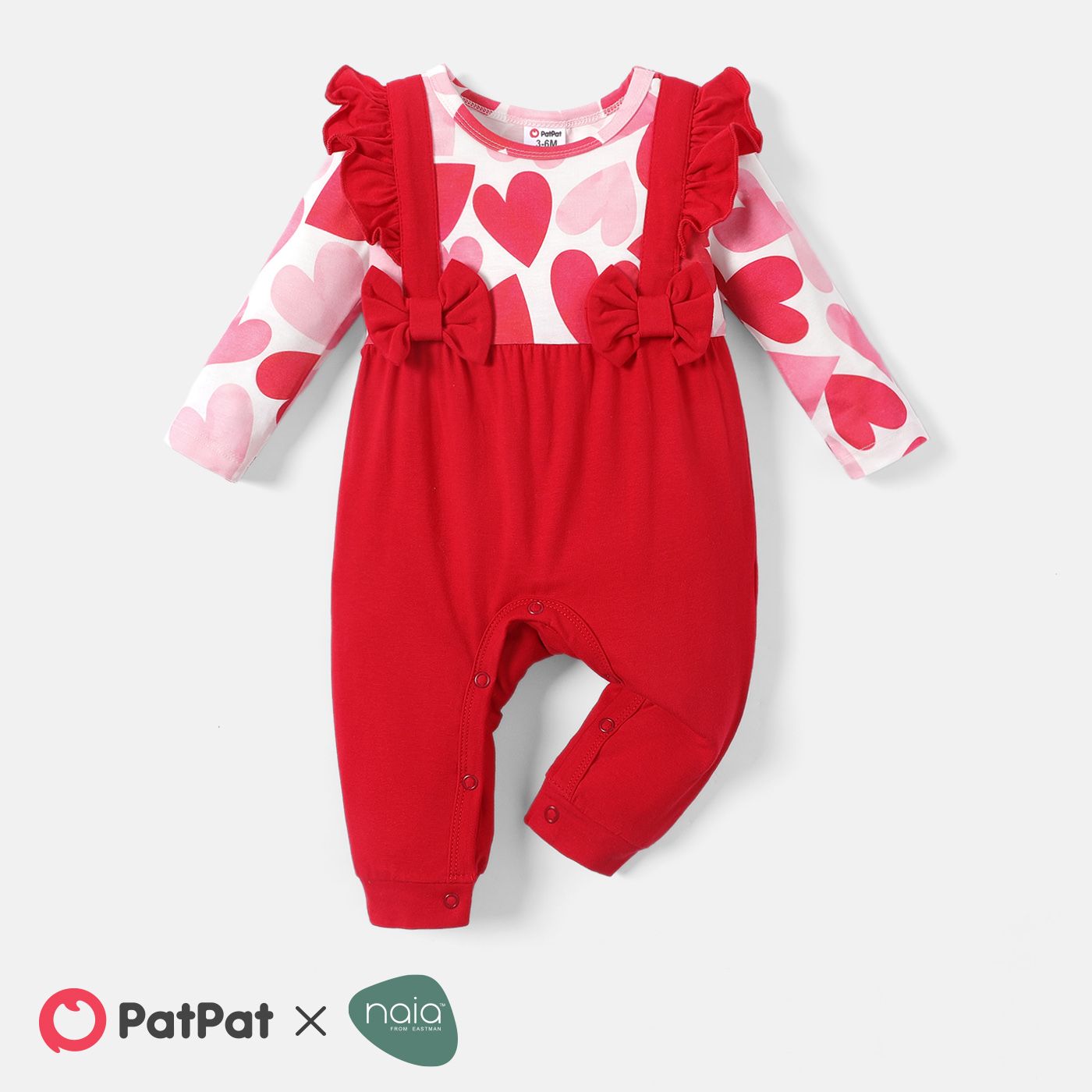 

Naia™ Baby Girl Heart Print Long-sleeve Ruffle Trim Bow Front Spliced Cotton Jumpsuit