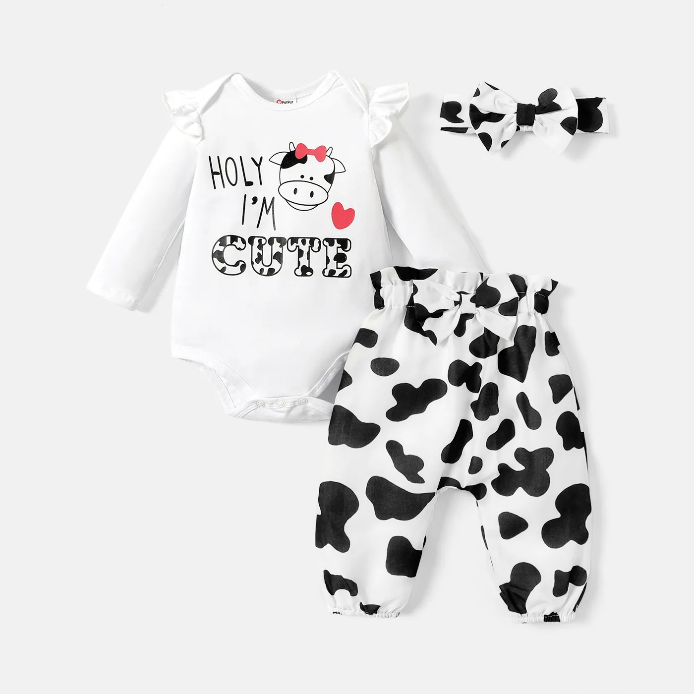 3pcs Baby Girl Cotton Long-sleeve Letter & Cow Print Romper and Bow Front Pants & Headband Set