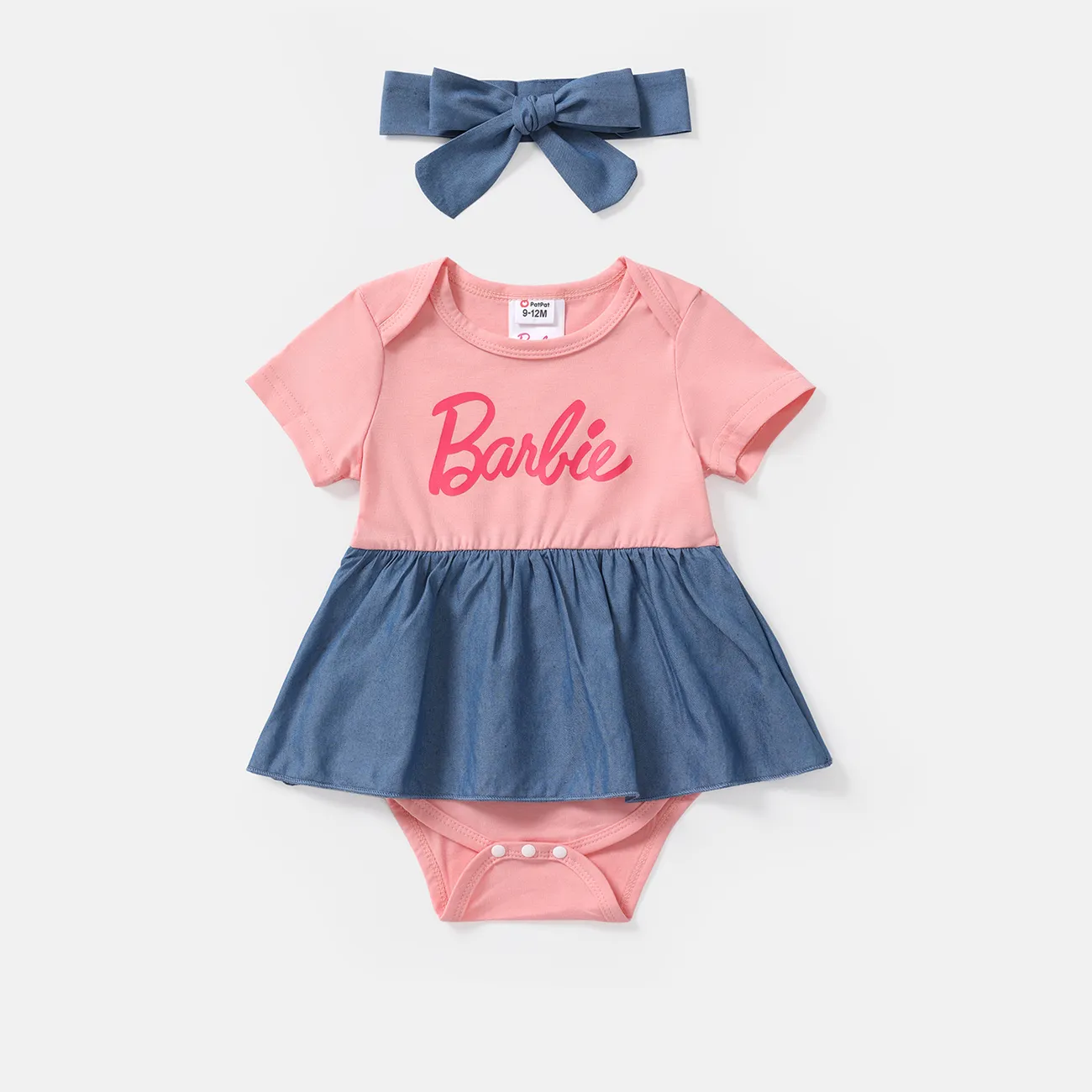 Barbie Mommy and Me Short-sleeve Letter Print Tee and Imitation Denim Skirt Sets Pink big image 1