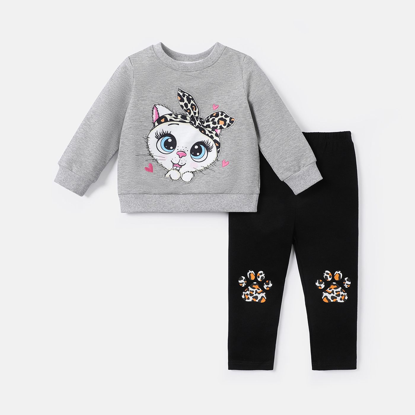 2pcs Baby Girl Cat Embroidered Long-sleeve Sweatshirt And Pants Set