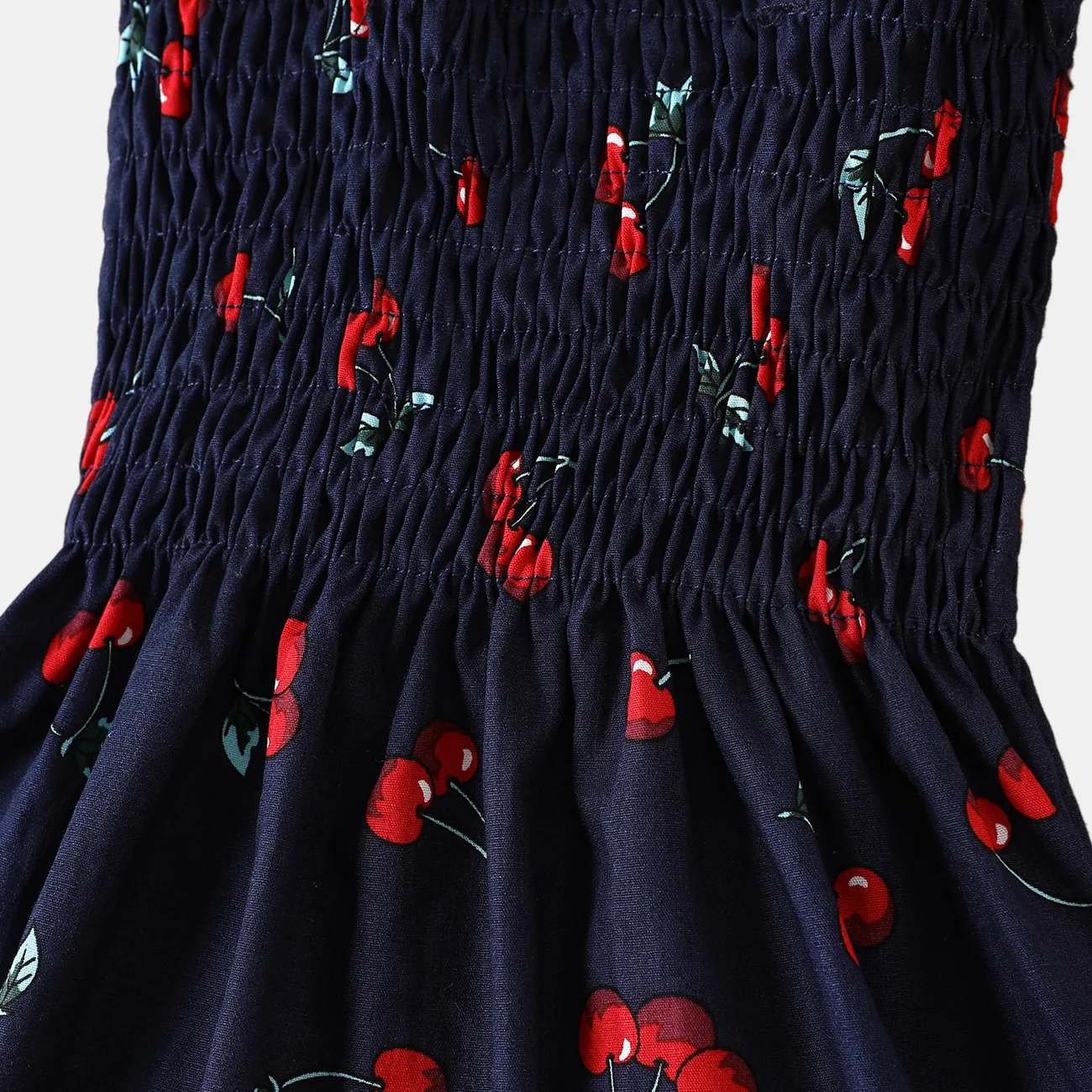 Baby Girl 100% Cotton Allover Cherry Print Shirred Strappy Dress Dark Blue big image 1