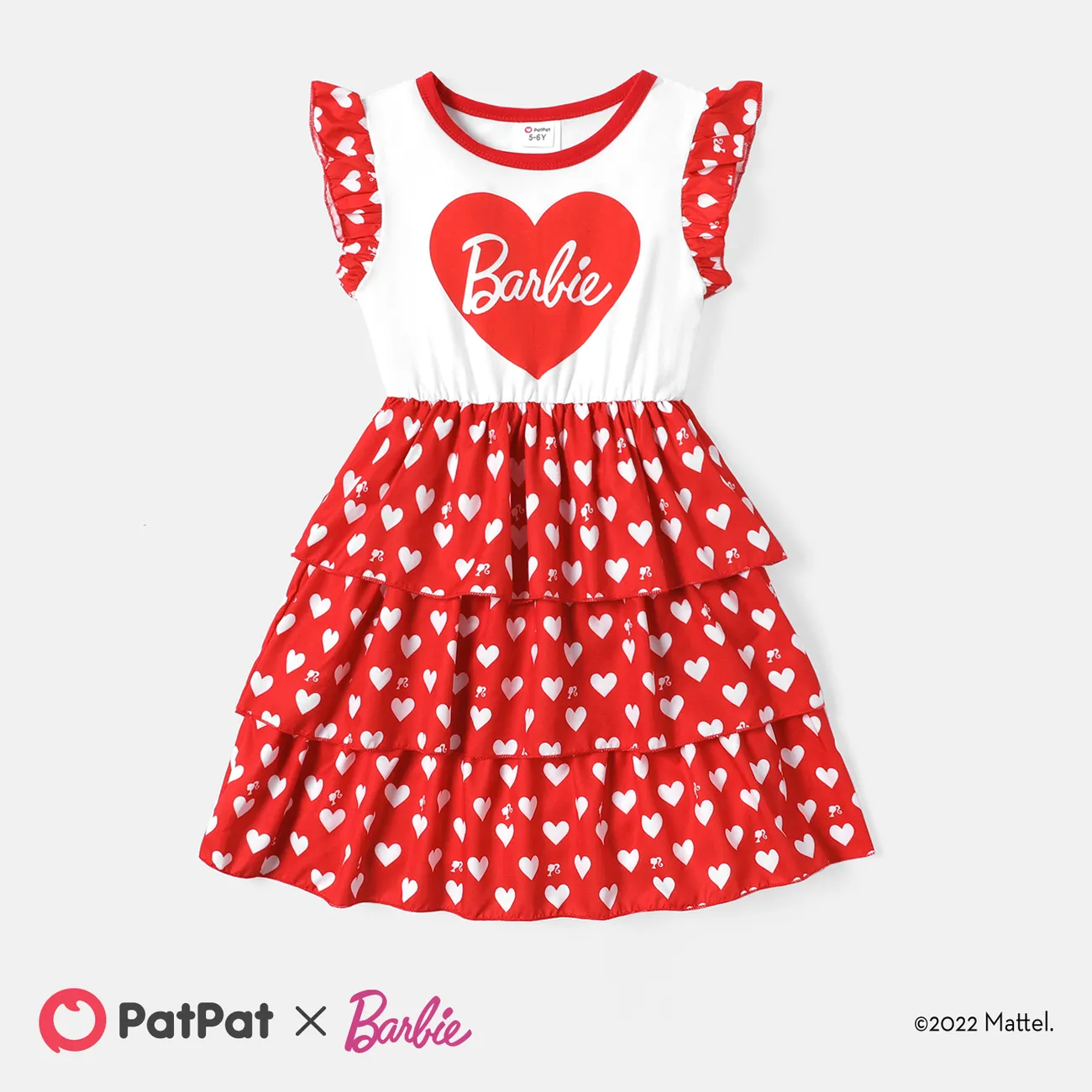 Barbie Kid Girl Mother's Day Heart Print Cotton Layered Flutter-sleeve Dress big image 1