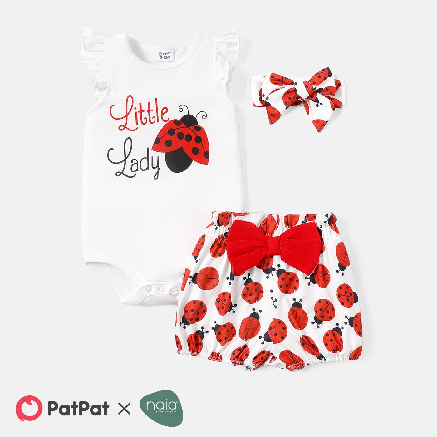 3pcs Baby Girl Cotton Ruffle Short-sleeve Letter Graphic Romper And Ladybird Print Naiaâ¢ Belted Shorts & Headband Set