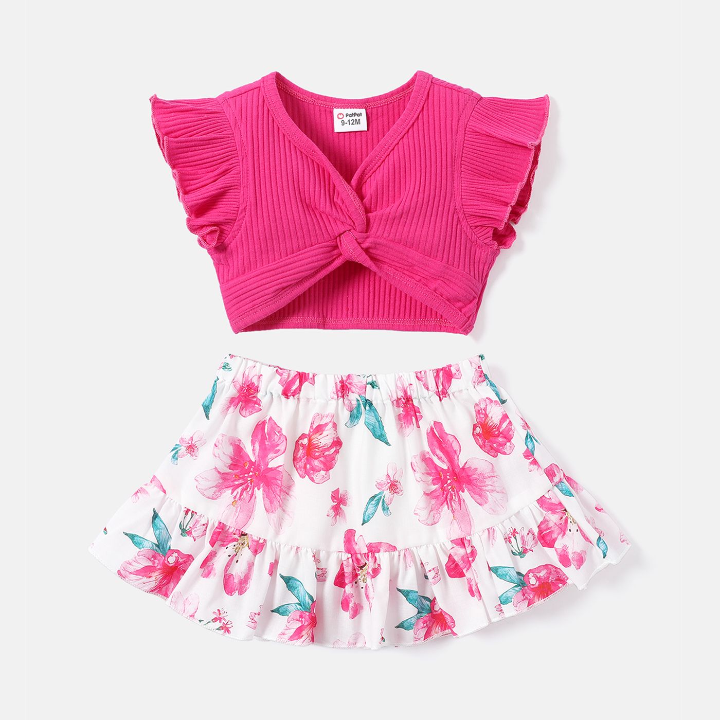 

Baby Girl Solid Cotton Ribbed Ruffle-sleeve Twist Knot Crop Top and Allover Print Skirt Sets