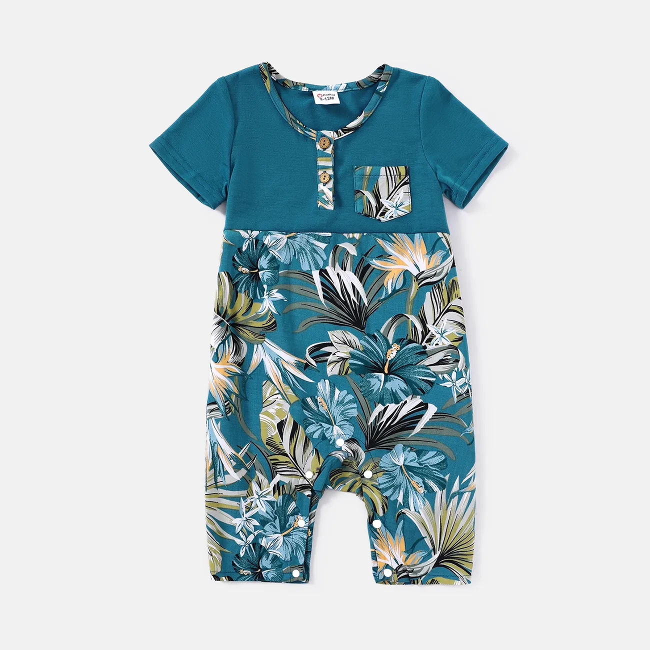 Family Matching 95% Cotton Colorblock T-shirts and Allover Plant Print Flutter-sleeve Belted Dresses Sets big image 1