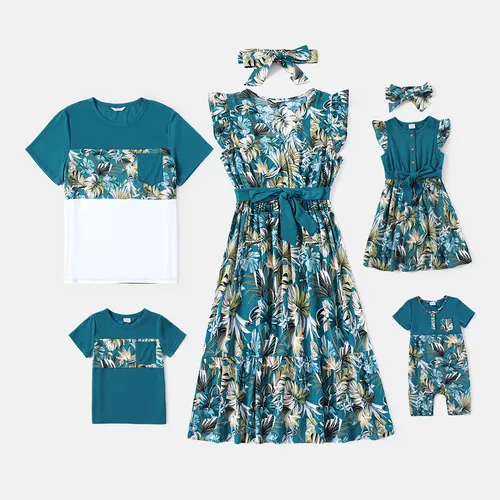 Family Matching 95% Cotton Colorblock T-shirts and Allover Plant Print Flutter-sleeve Belted Dresses Sets