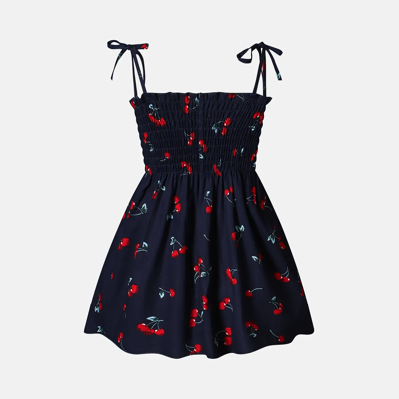Baby Girl 100% Cotton Allover Cherry Print Shirred Strappy Dress Dark Blue big image 1